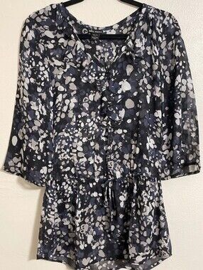 Ella Moss Navy & Black, Grey Abstract Ruffle Tie-Waist Blouse. 100% Silk. Size M